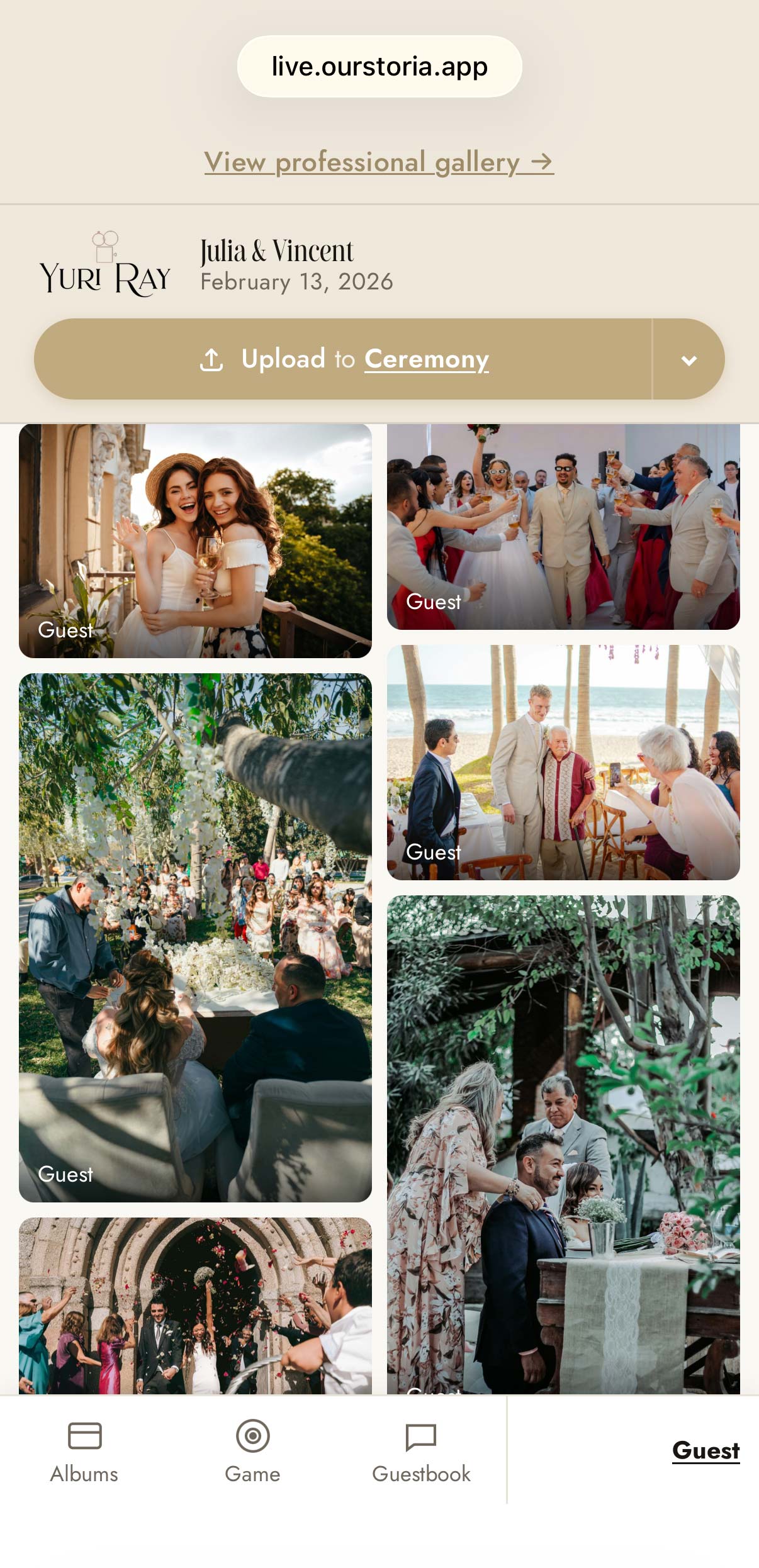 OurStoria Live Moments — guest photo uploads at the wedding