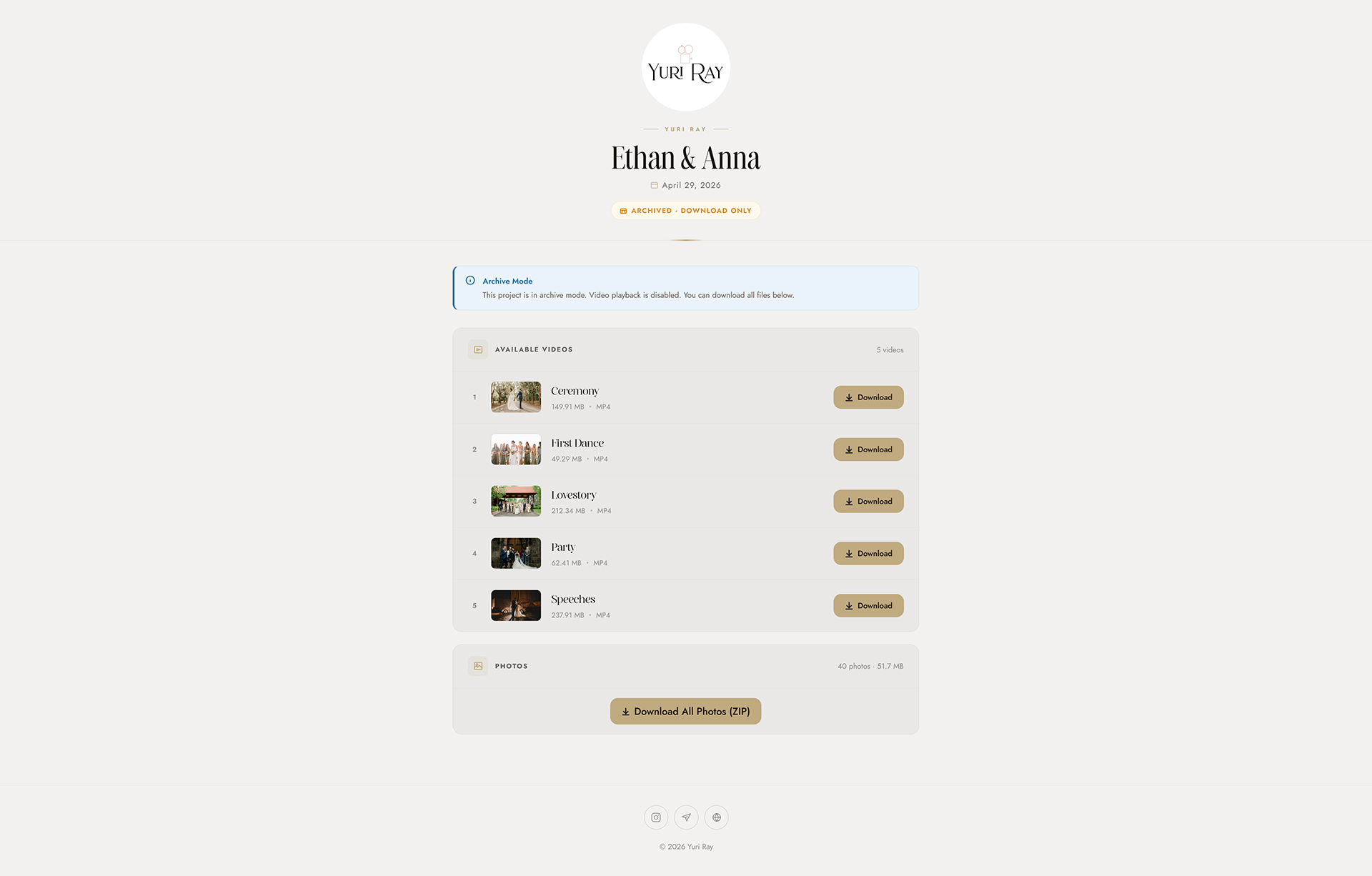 OurStoria Safe Archive — real archived gallery with download links